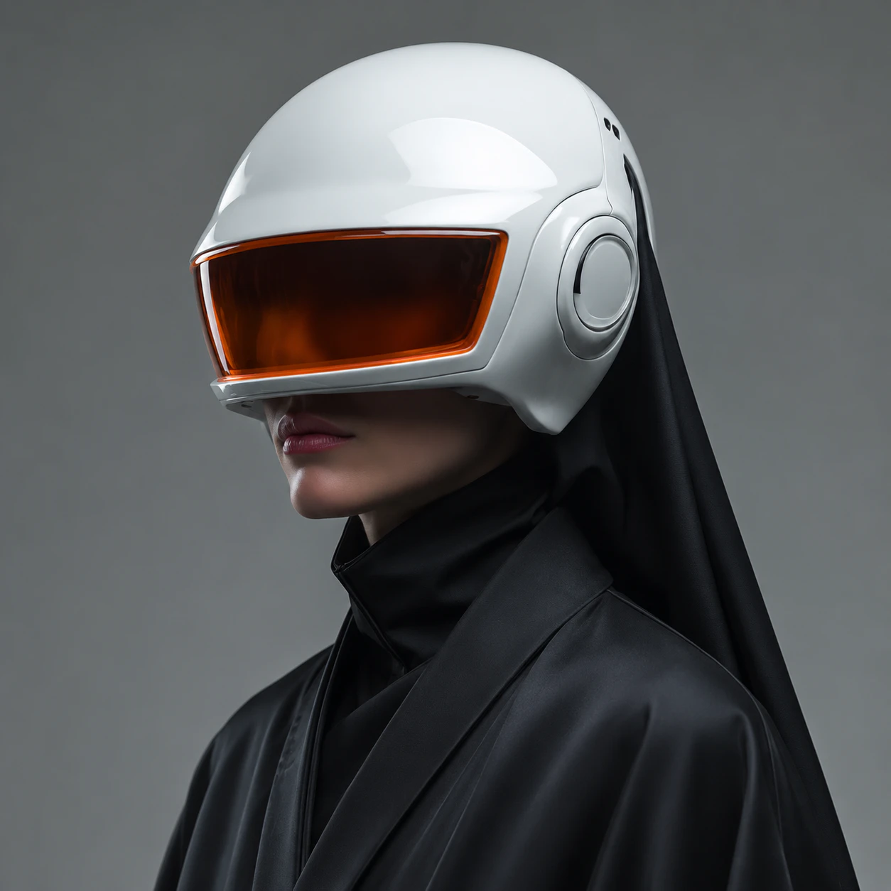 Portrait of a person wearing a glossy white futuristic helmet with an orange visor