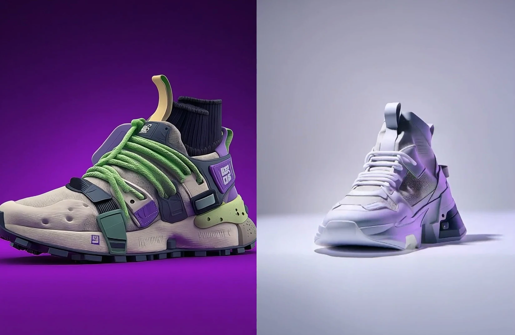 Two futuristic sneaker concepts in white, purple, green, and black material combinations