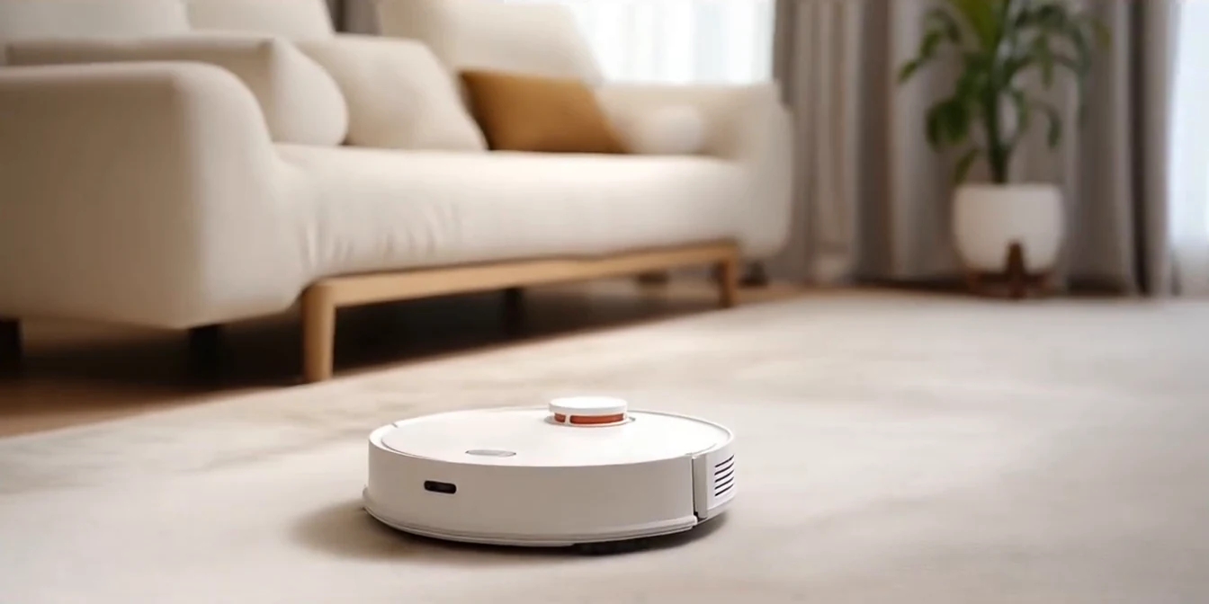White robot vacuum operating on a light carpet in a modern living room