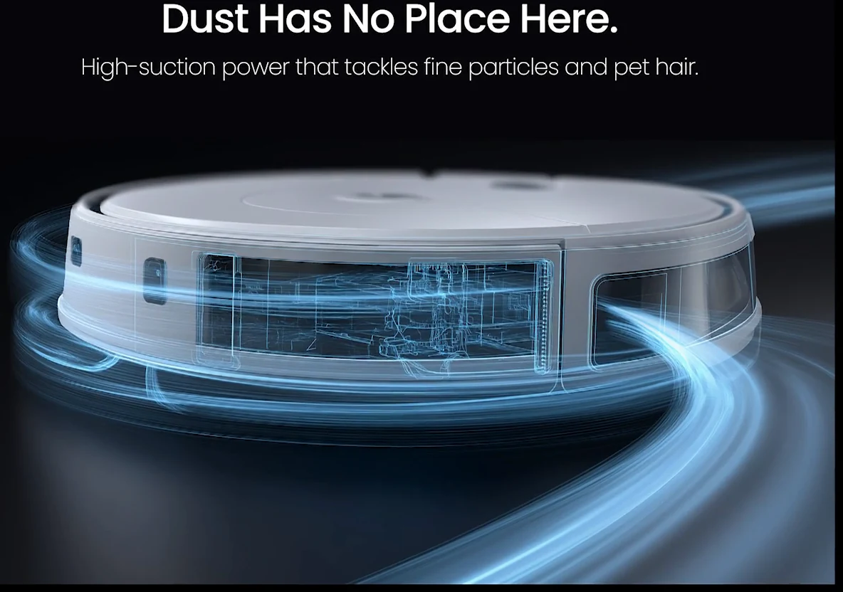 Robot vacuum airflow visualization with concept copy about suction and fine-particle cleaning