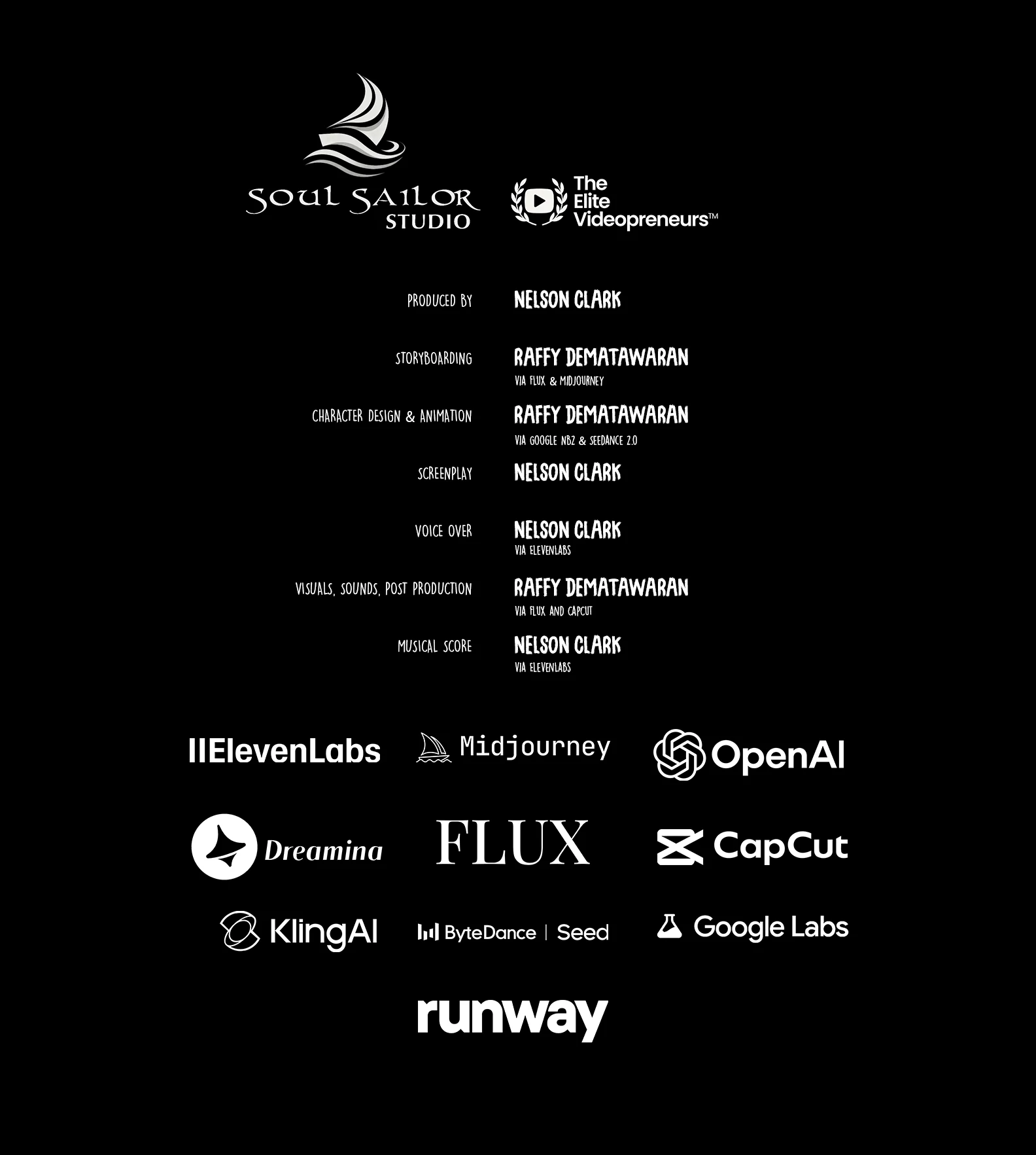 End credits showing Raffy Dematawaran's storyboarding, character design, animation, sound, and post-production roles