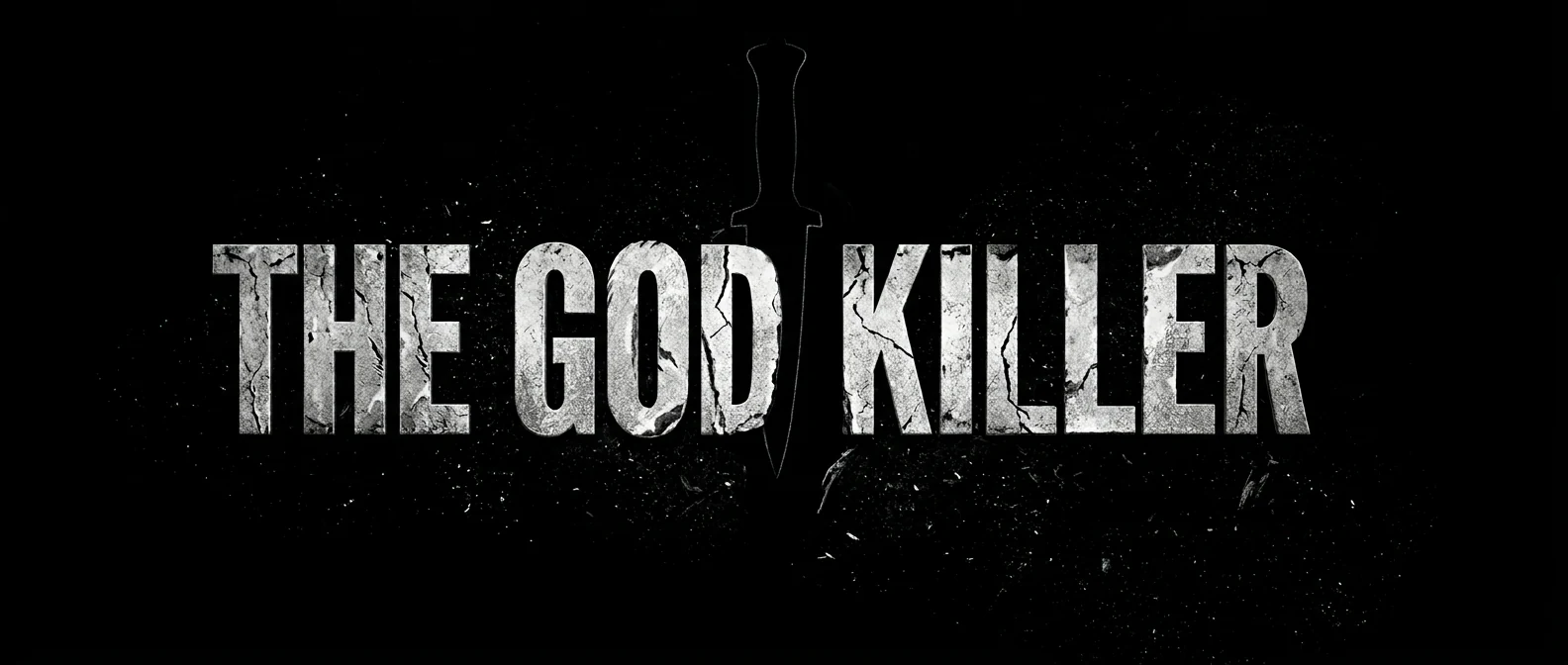 The God Killer cracked-stone title card with dagger silhouette