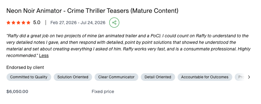 Five-star Upwork review from Nelson Clark for The God Killer teaser and proof of concept