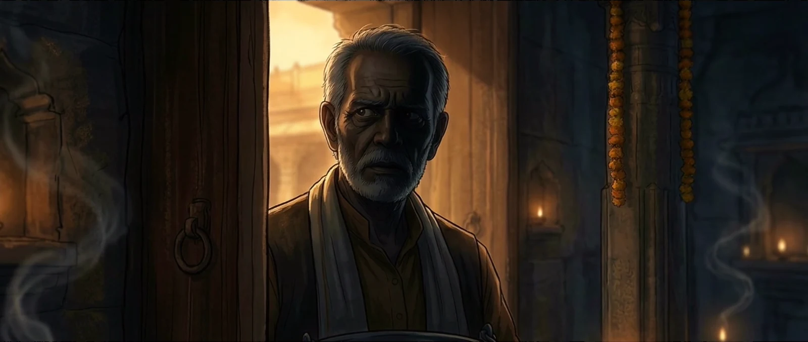 Caretaker standing in the temple doorway before discovering the crime scene in The God Killer