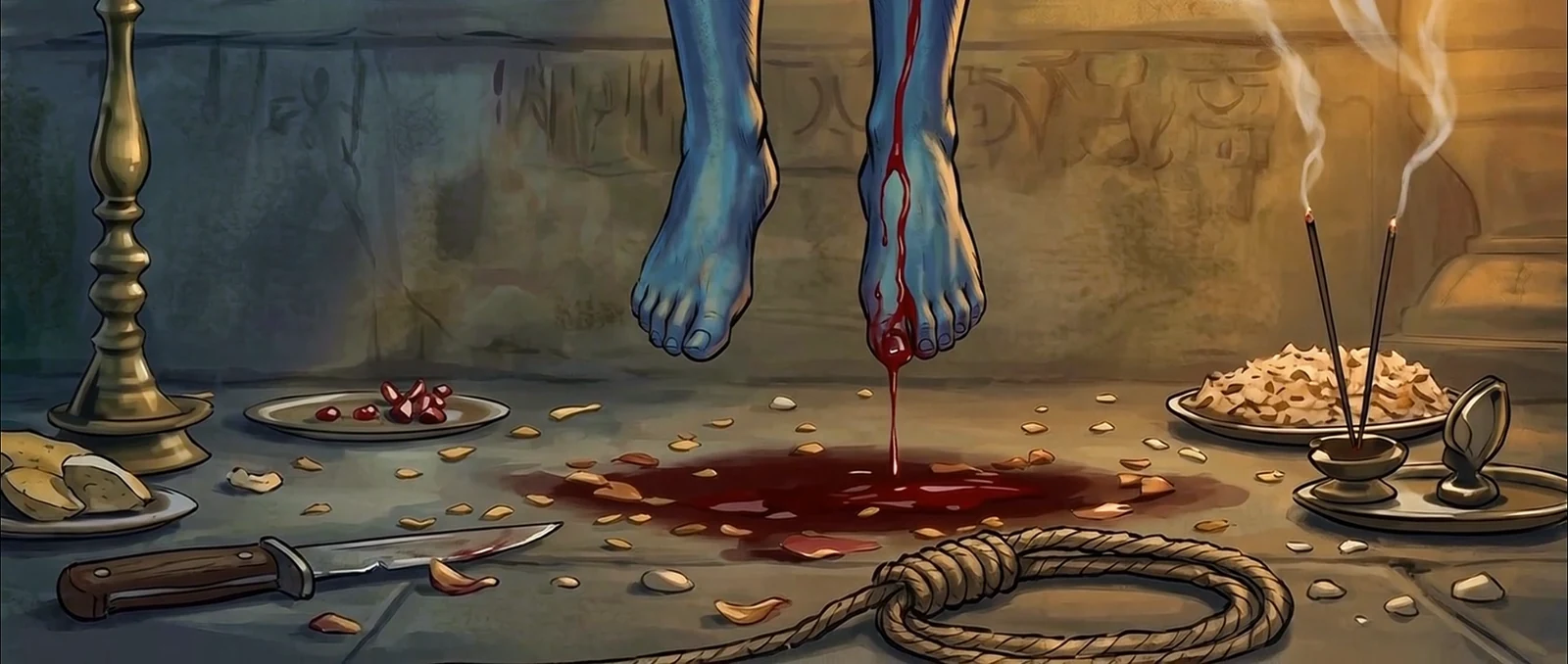 Ritual murder detail from an adult neon-noir animated crime thriller