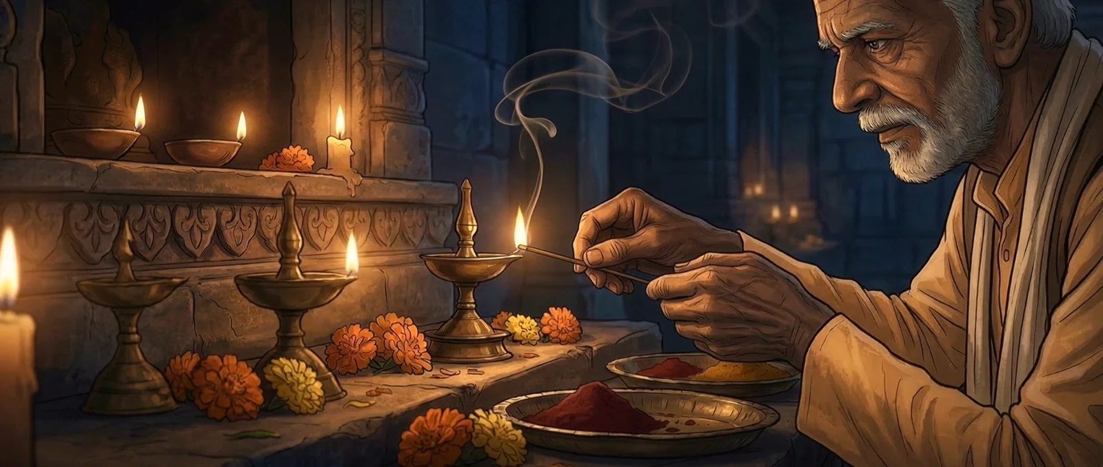 Caretaker lighting ritual lamps inside a candlelit Hindu temple