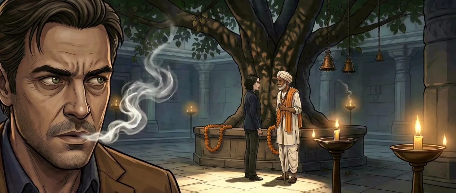 Detective Smith watching Peters speak with the Hindu temple caretaker beneath a sacred tree in The God Killer proof of concept