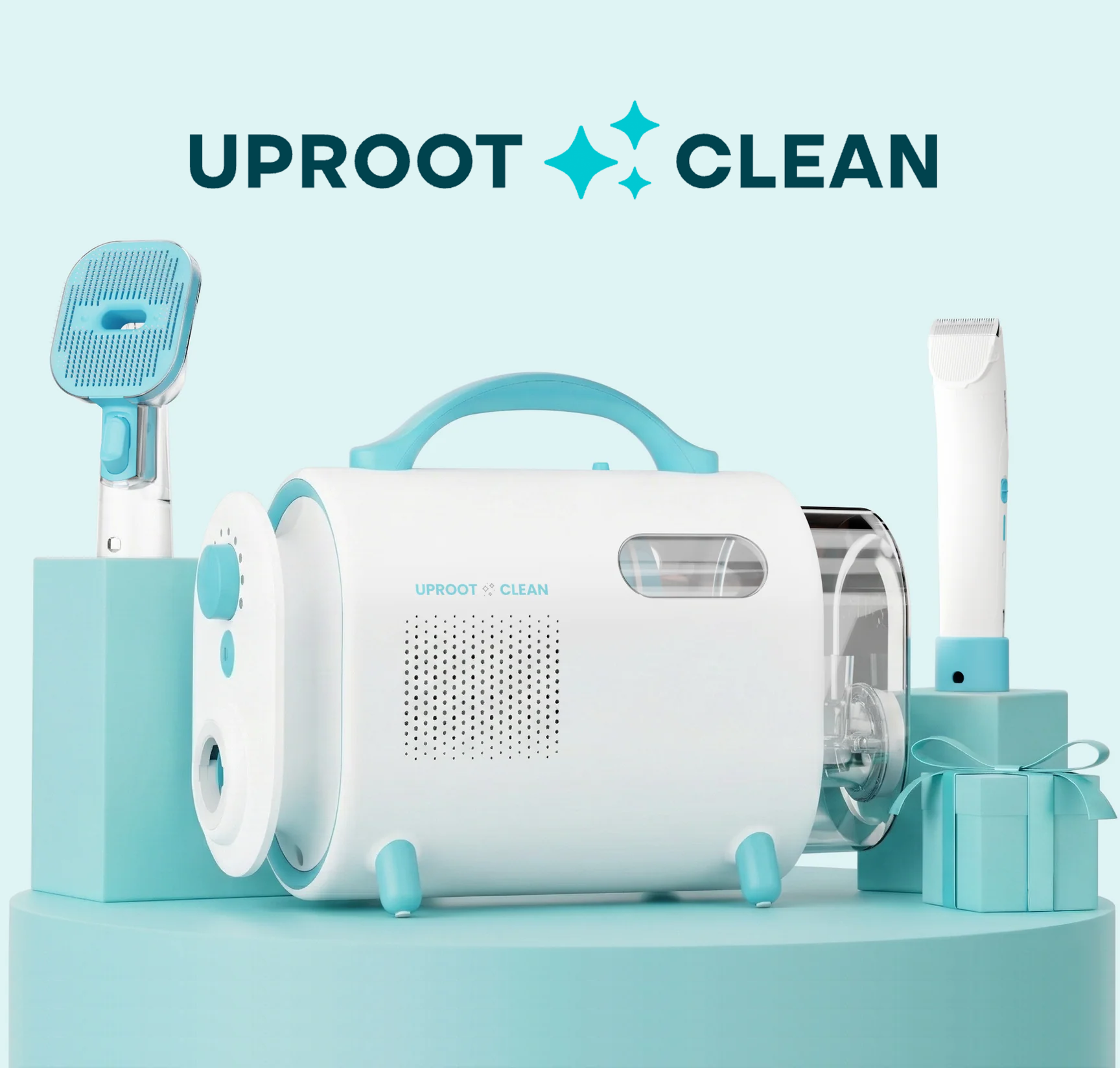 Uproot Clean product kit arranged with the brand mark and pet-hair removal tools