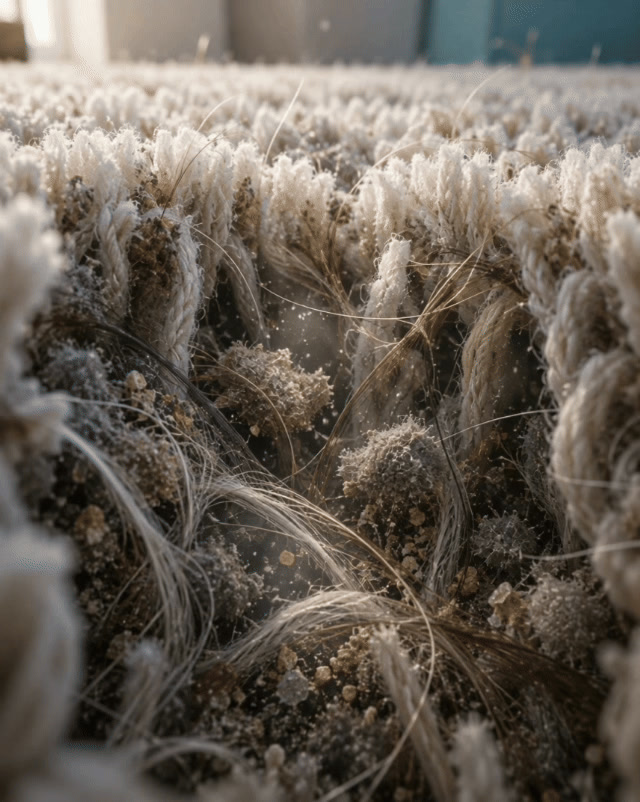Animated macro motion concept showing pet hair embedded in carpet fibers