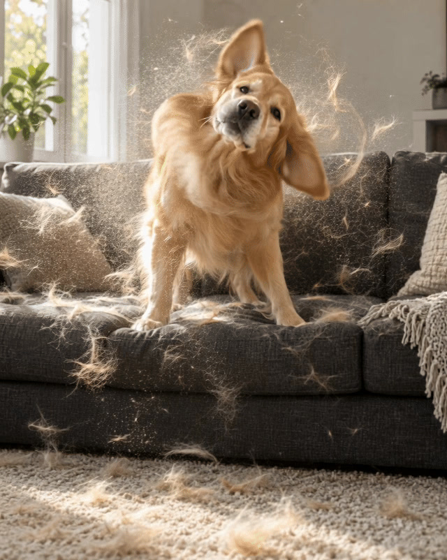 Animated motion concept showing a dog shedding hair