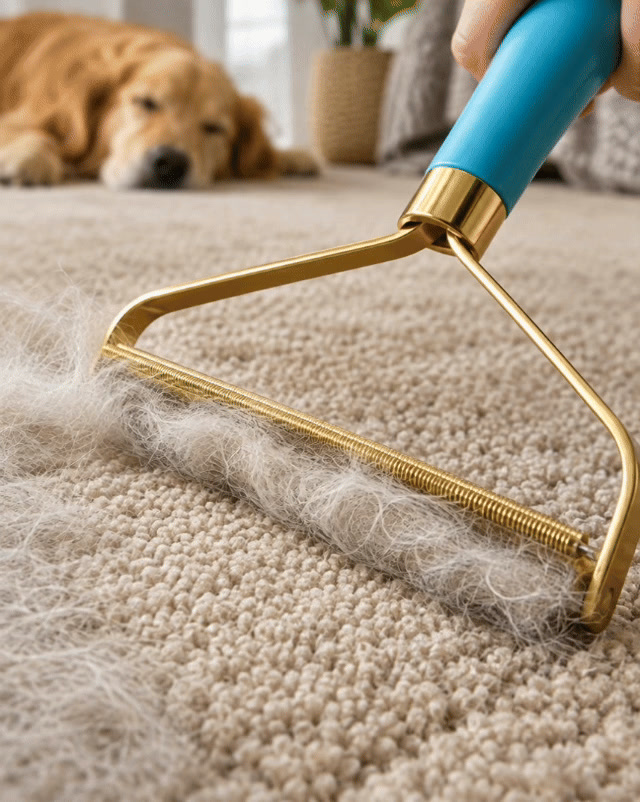 Animated motion concept showing a scraper removing pet hair from a surface