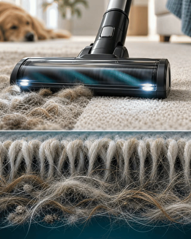 Animated motion concept showing a vacuum cleaning pet hair from carpet