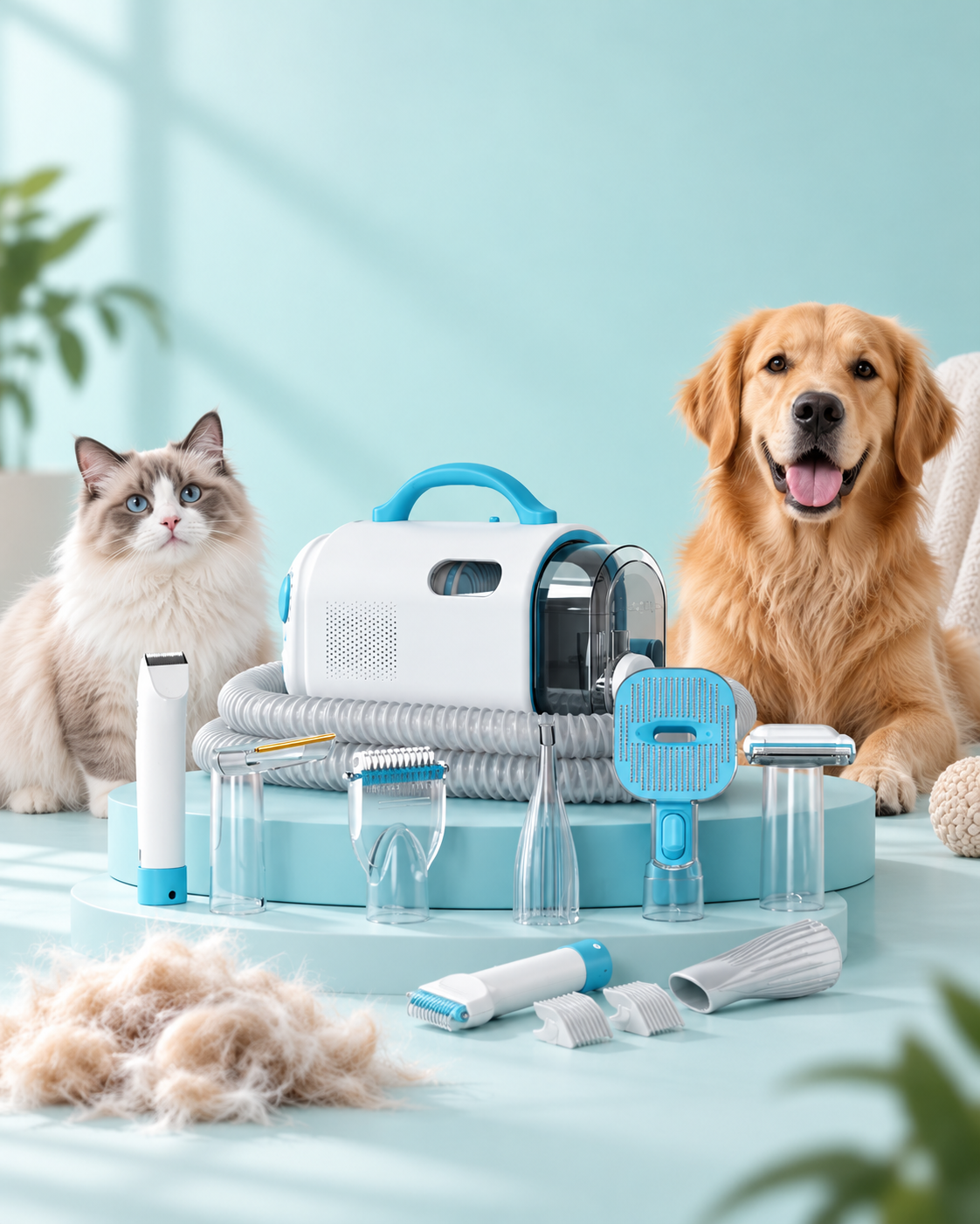 AI-assisted Uproot Clean product kit visual with a cat and dog in a studio setting