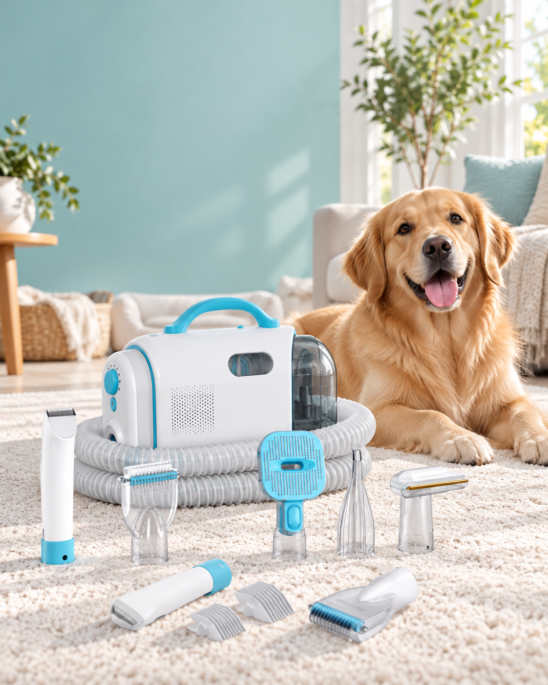 AI-assisted Uproot Clean product kit visual with a golden retriever in a lifestyle setting