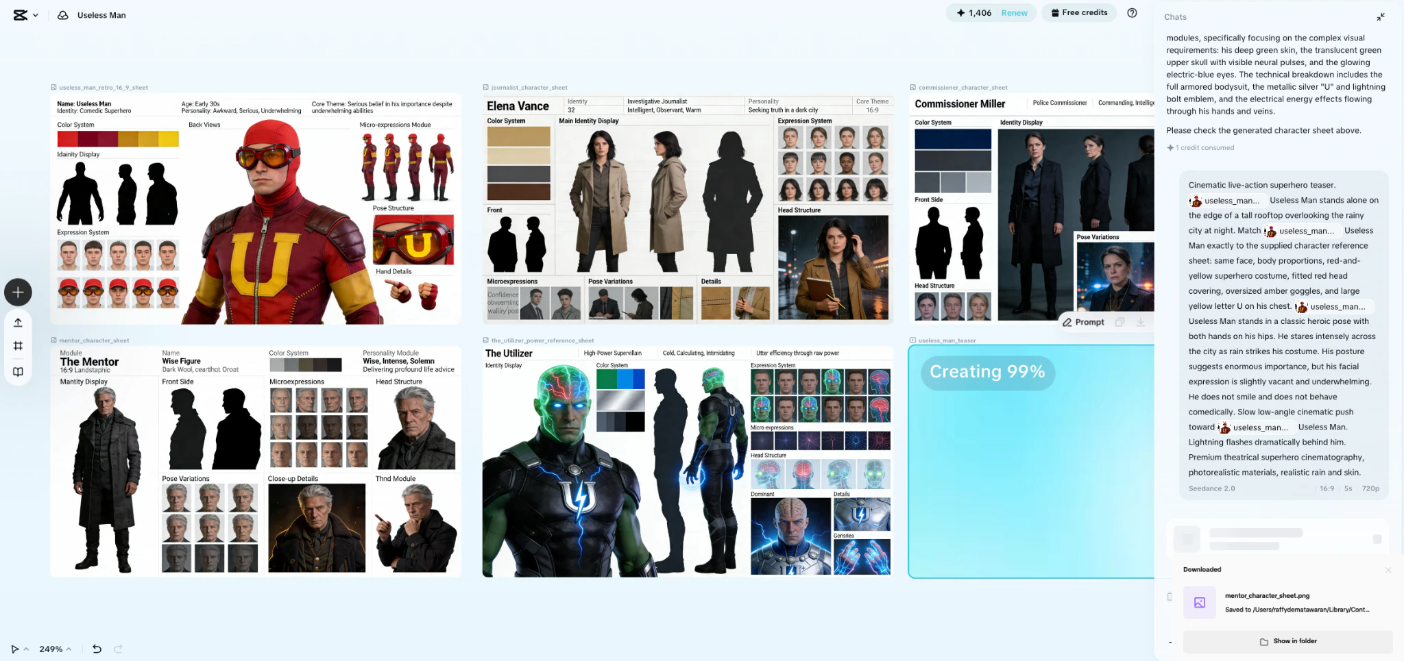 ByteDance Video Studio character development workspace using Useless Man reference images