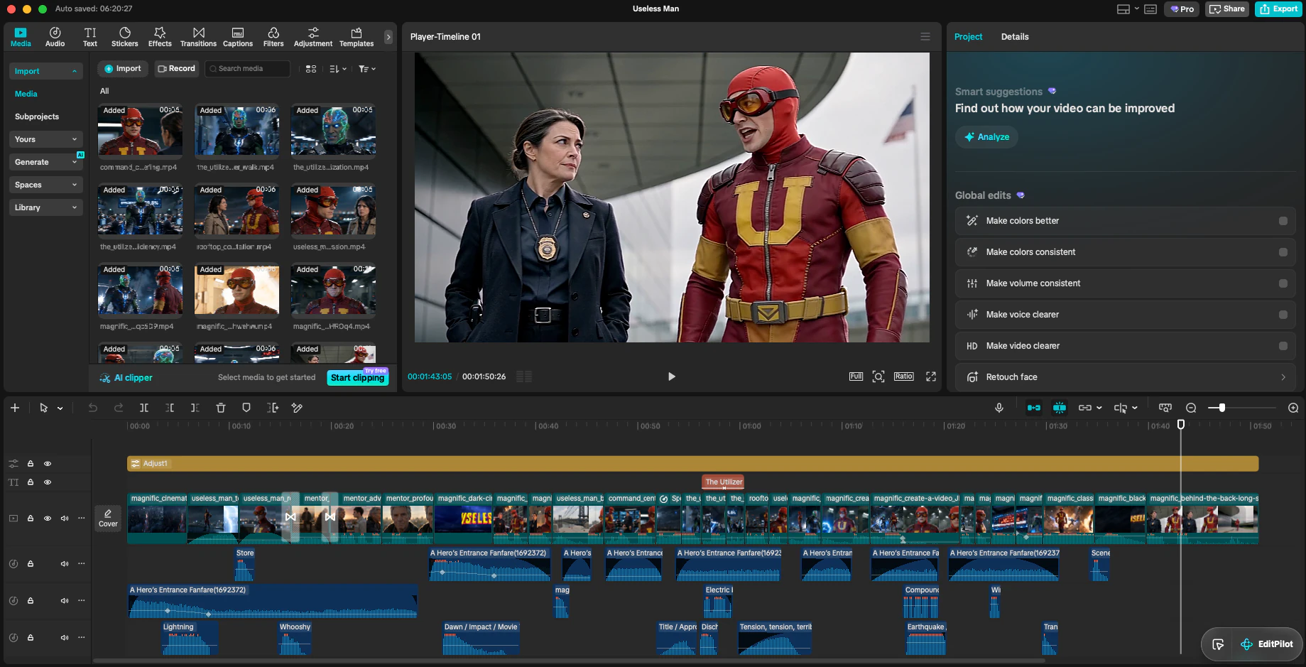 CapCut editing timeline showing the assembled Useless Man film with layered video and audio tracks