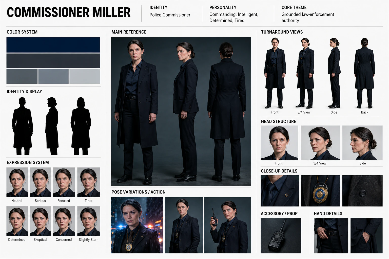 Commissioner Miller police character sheet showing identity, uniform, expressions, turnaround views, action poses, and props