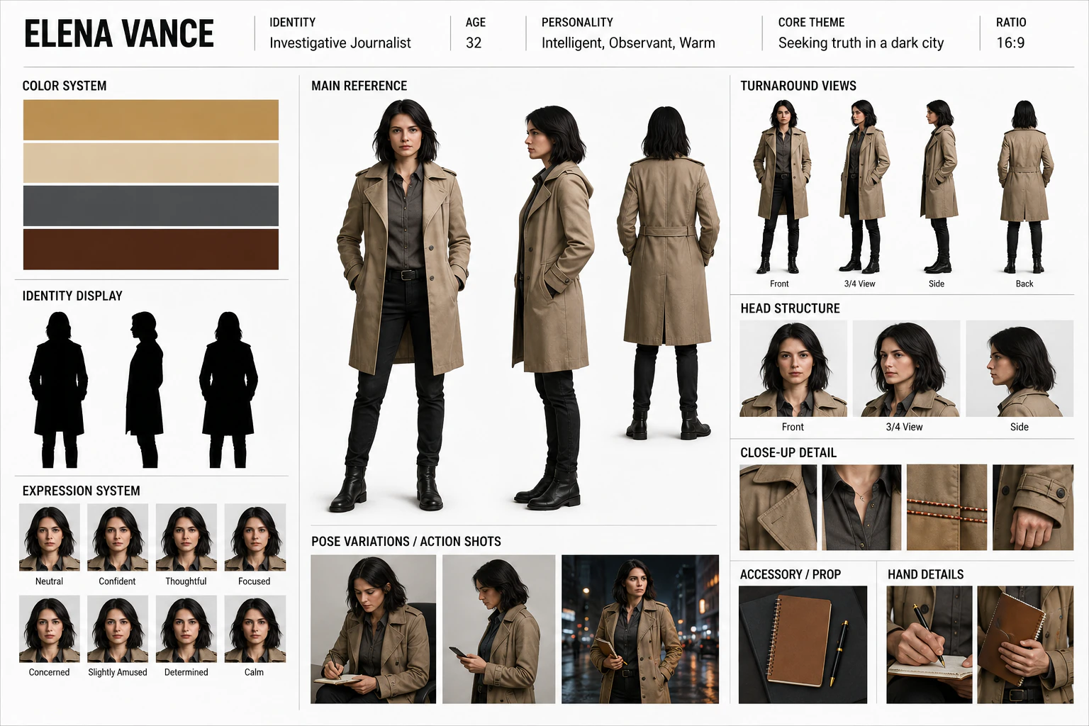 Elena Vance journalist character sheet showing identity, wardrobe, expressions, turnaround views, action poses, and props