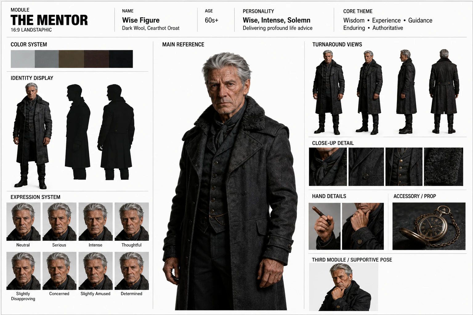 The Mentor character sheet showing identity, wardrobe, expressions, turnaround views, material details, and pocket-watch prop