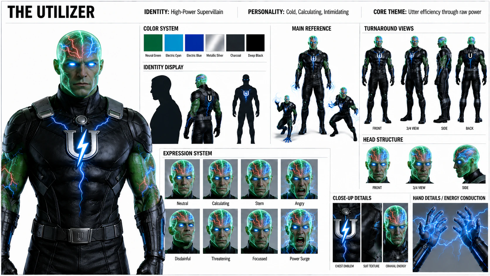 The Utilizer supervillain character sheet showing identity, costume, expressions, turnaround views, and energy-conduction details