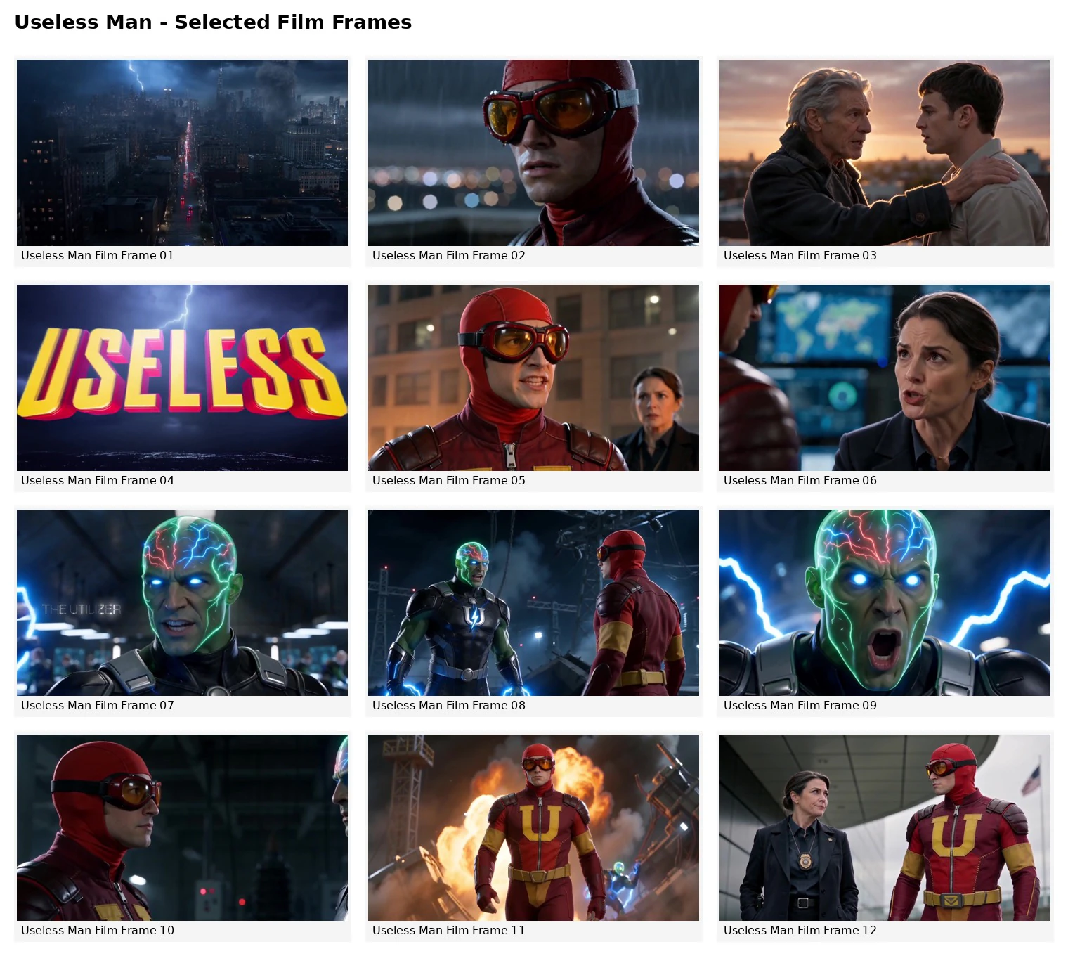 Contact sheet with twelve selected frames from the Useless Man film teaser