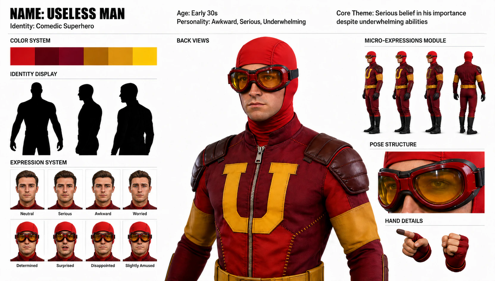 Useless Man comedic superhero character sheet showing identity, color, expressions, turnaround views, pose, and hand details