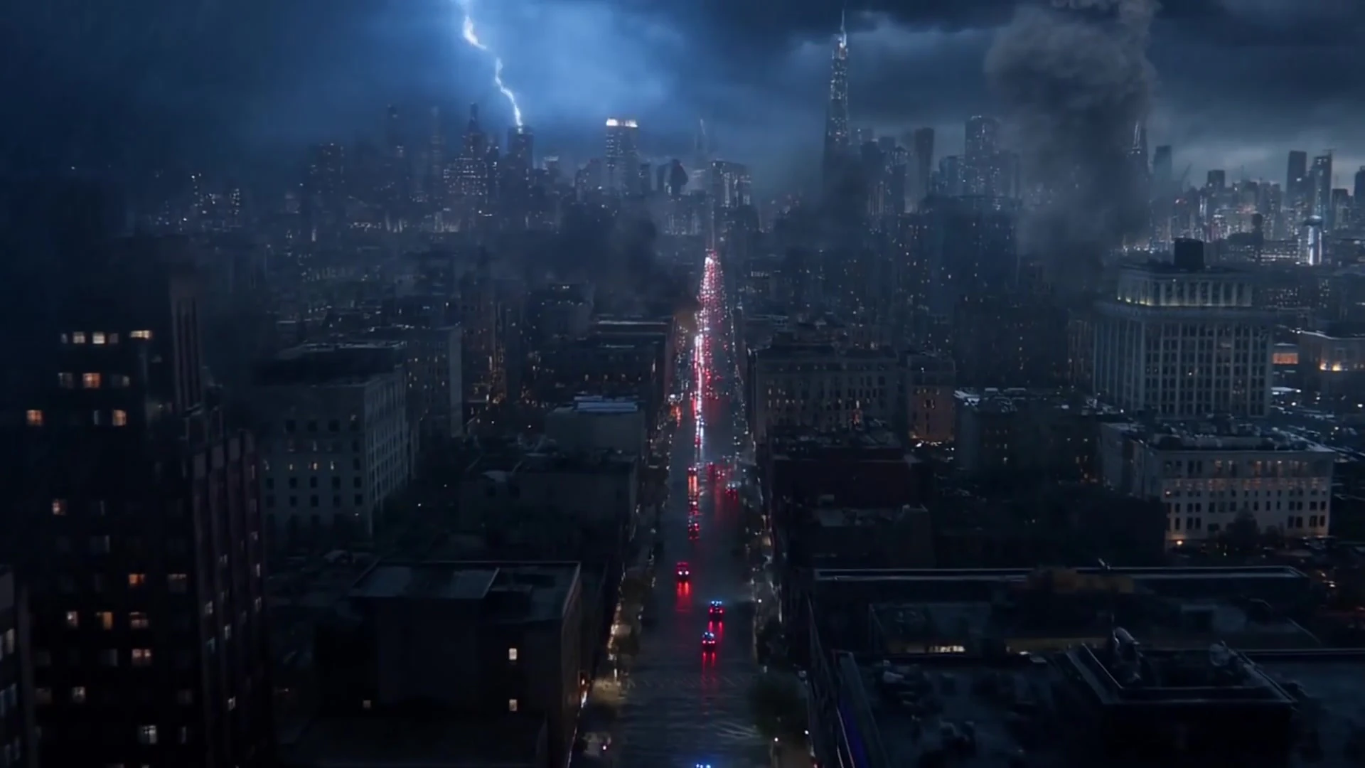Storm-lit city establishing shot from the Useless Man short film