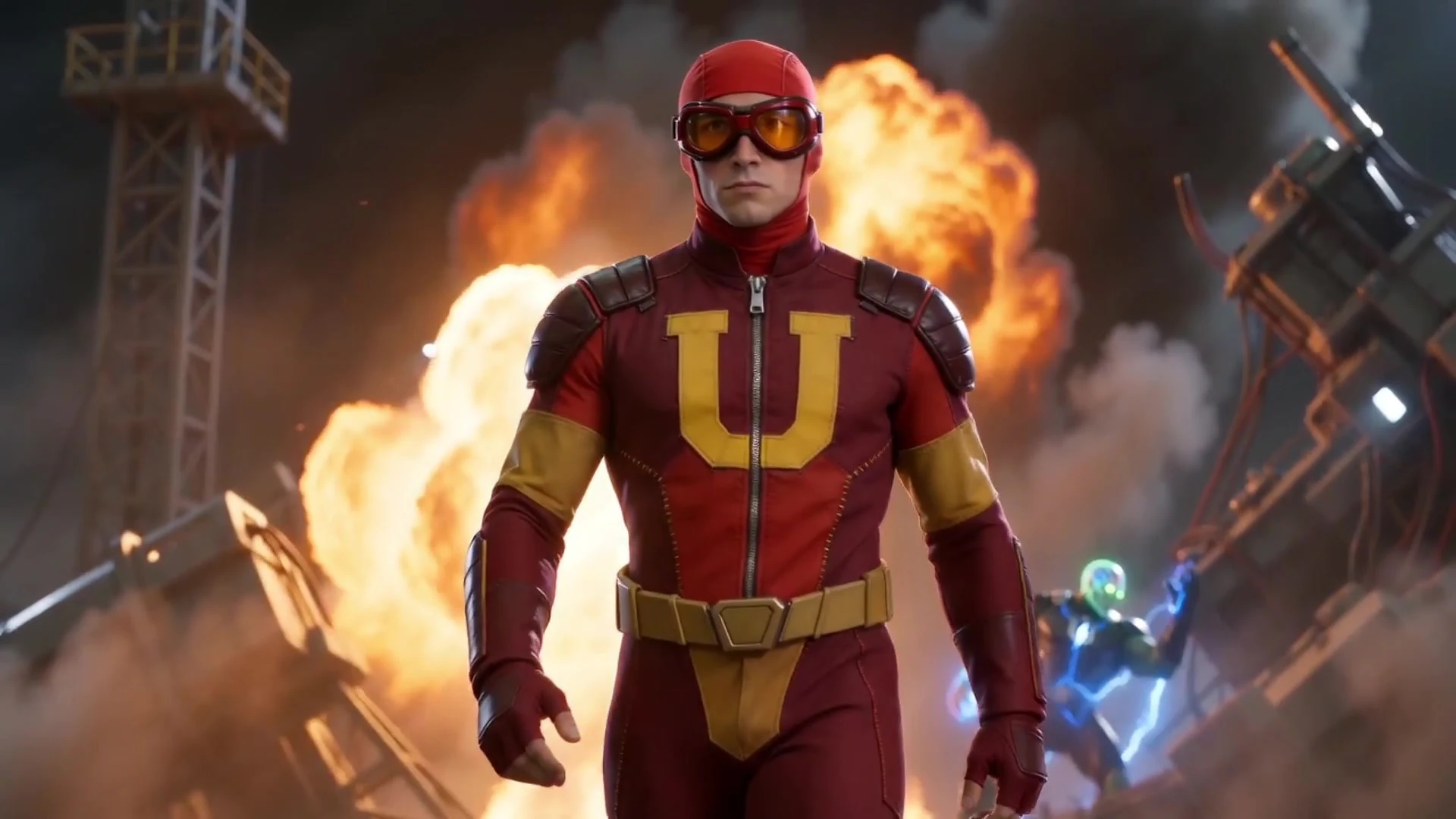 Useless Man moving through an explosive final action sequence