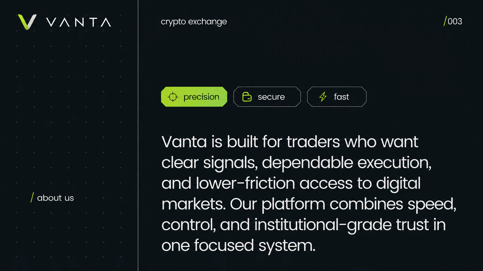 Dark conceptual platform introduction with large typography and a lime accent