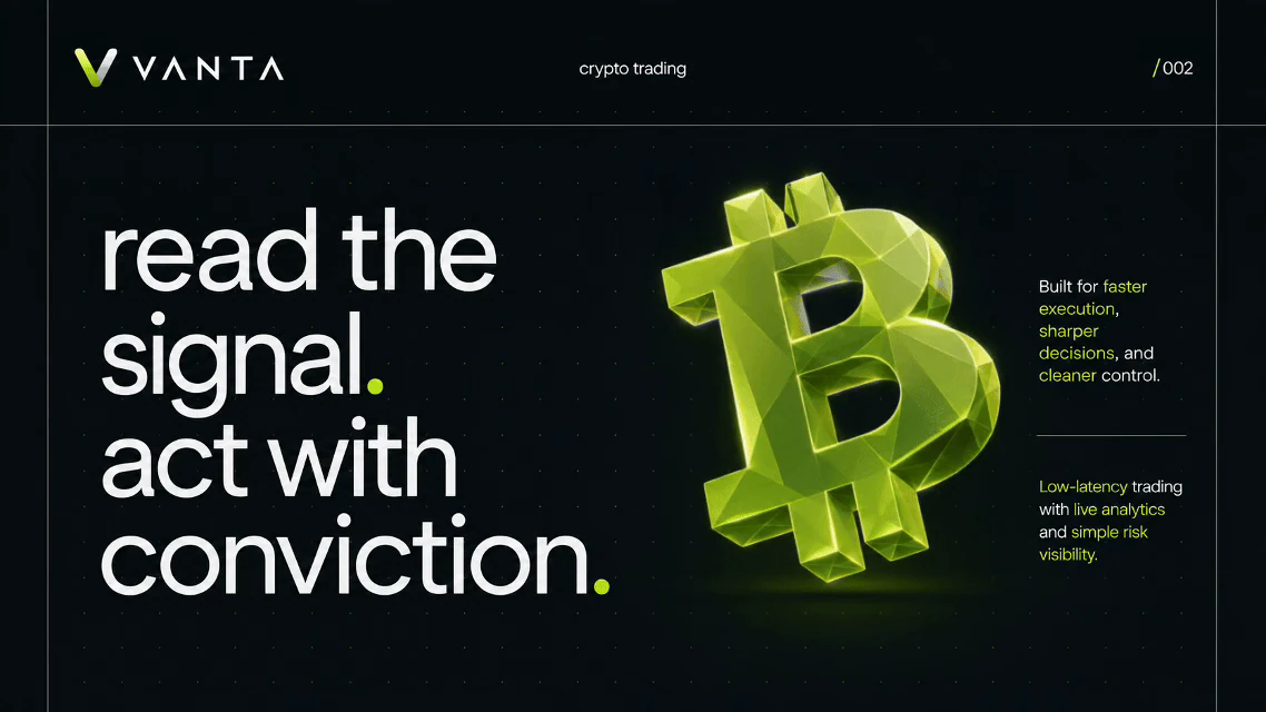 Animated crypto trading visual-system study with a lime Bitcoin symbol and signal-led typography