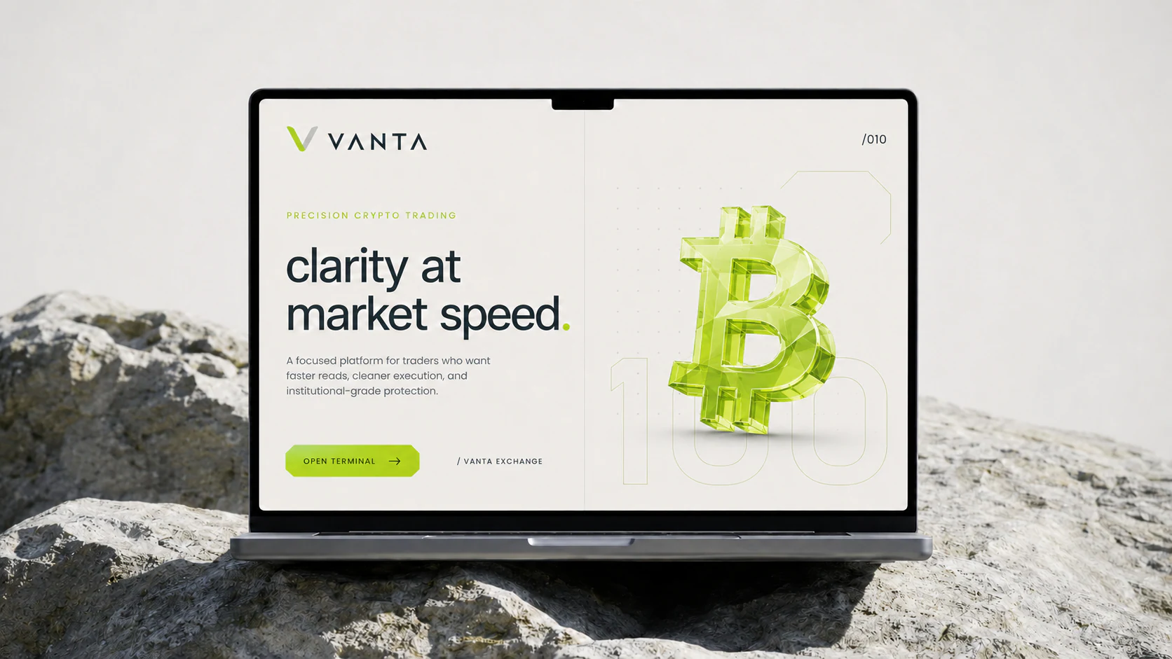 Conceptual Vanta crypto trading interface presented on a laptop