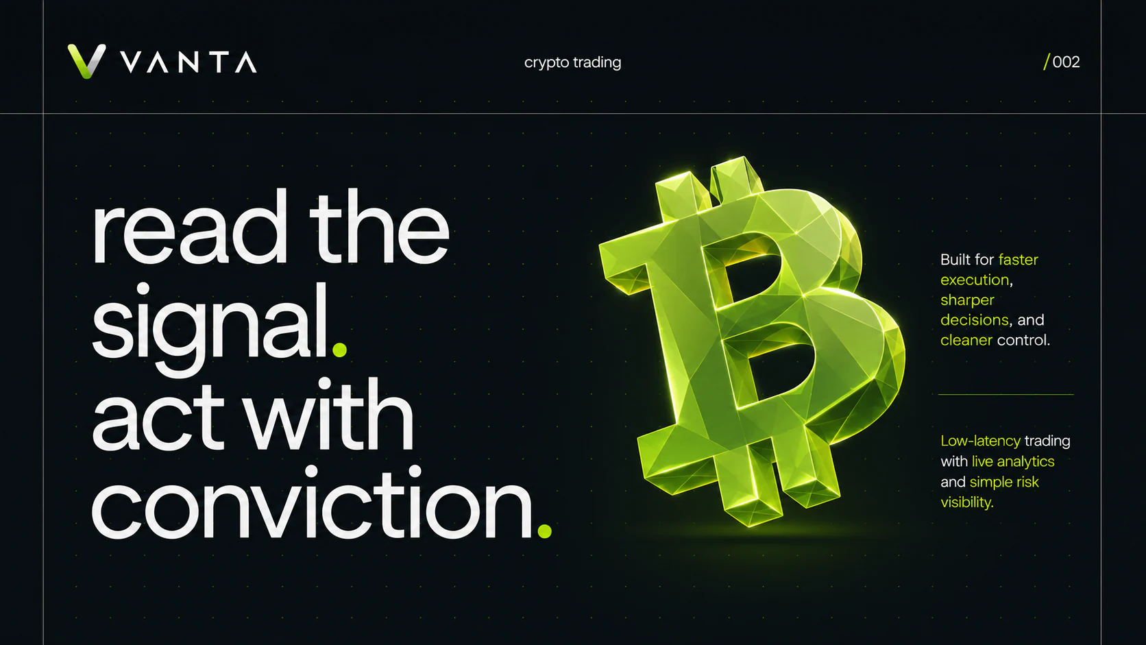 Dark Vanta brand composition with a dimensional lime Bitcoin symbol