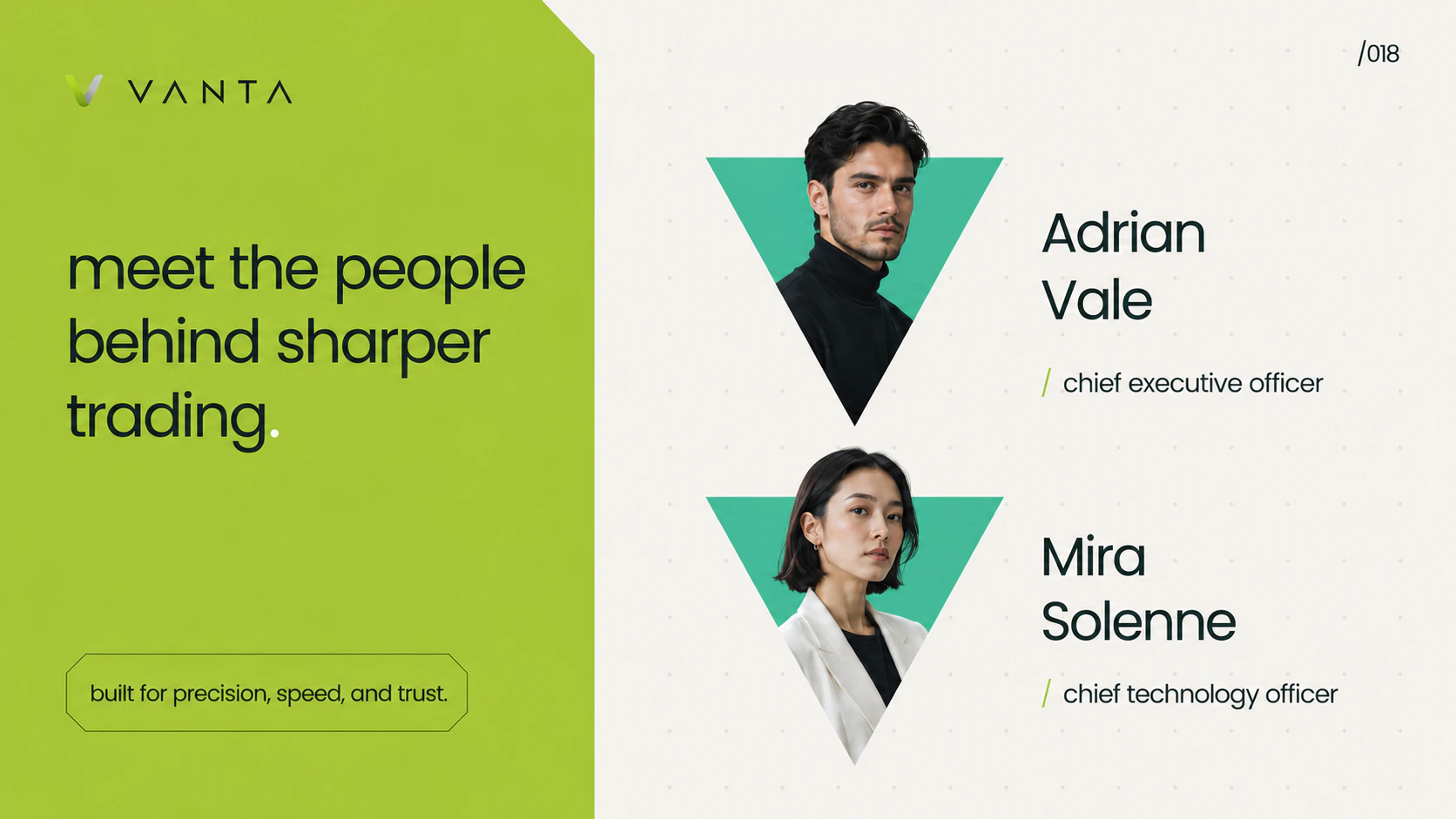 Conceptual leadership profile presentation using placeholder names and portraits