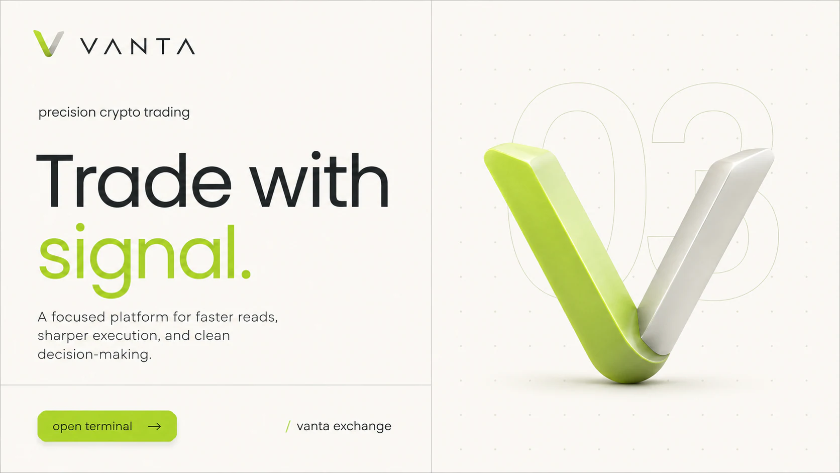 Light-mode Vanta brand composition with a lime V symbol and signal-led typography