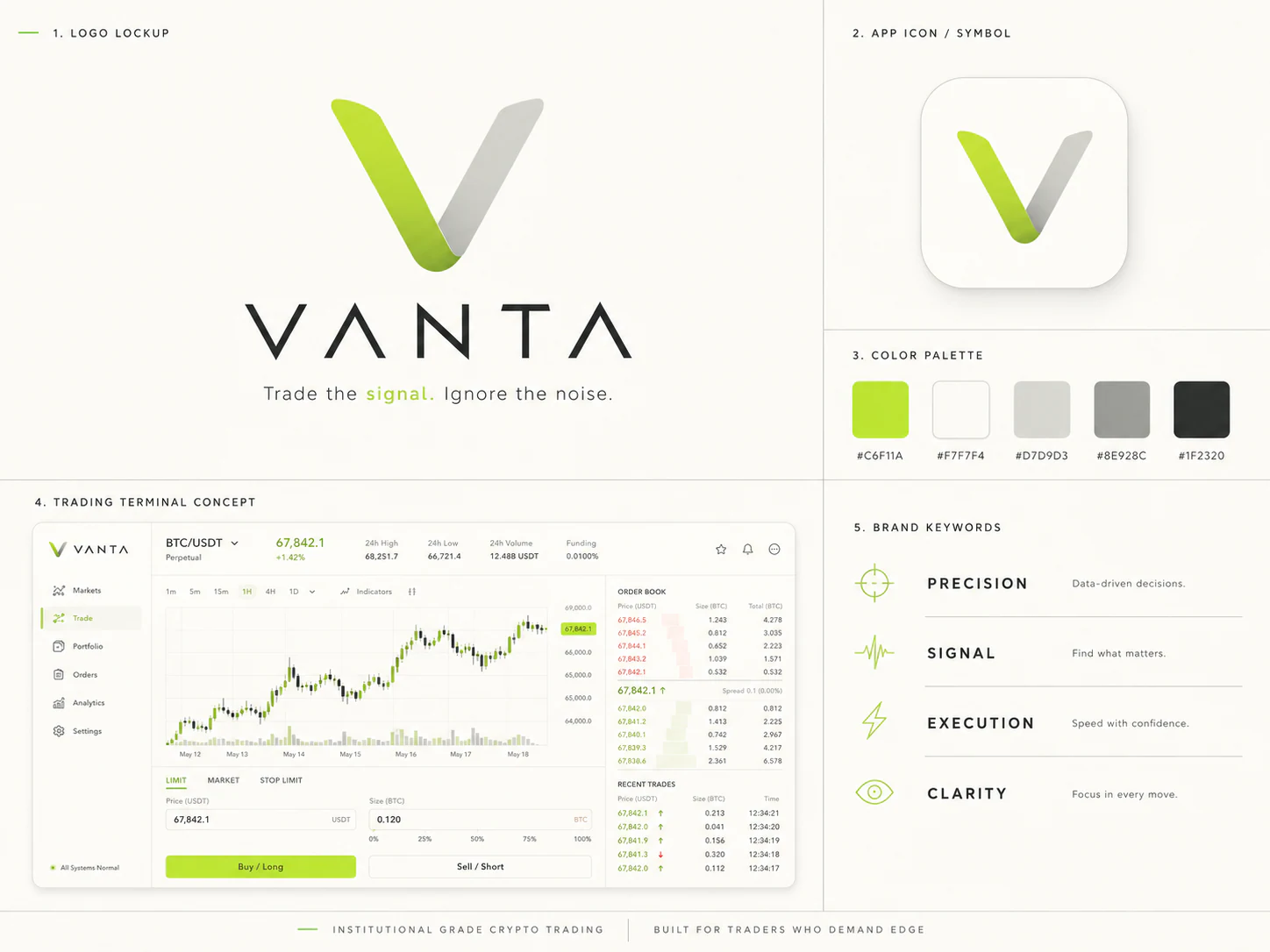 Complete Vanta visual identity system with brand principles, typography, color, and product concepts